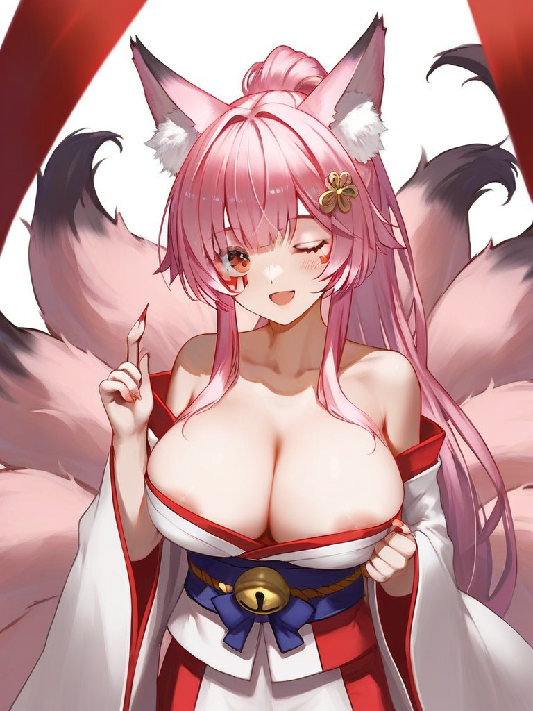 char sent an image  1girl, breasts, animal ears, one eye closed, tail, solo, multiple tails, fox ears, pink hair, japanese clothes, areola slip, fox tail, fox girl, long hair, large breasts, bell, smile, kimono, cleavage, fingernails, looking at viewer, facial mark, open mouth, collarbone, white kimono, bare shoulders, wide sleeves, animal ear fluff, long fingernails, ponytail, ;d, hair ornament, kitsune, red nails, sash, off shoulder, jingle bell, long sleeves, blush, red eyes, white background, obi, nail polish