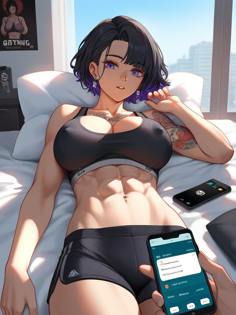 char sent an image  breasts, 1girl, phone, abs, cellphone, earrings, jewelry, tattoo, muscular female, lying, large breasts, smartphone, black hair, short hair, purple eyes, covered nipples, on back, navel, shorts, sports bra, muscular, cleavage, holding phone, solo focus, looking at viewer, pillow, parted lips, on bed, multicolored hair, holding, shoulder tattoo, pov, black sports bra, window, bed, indoors, piercing