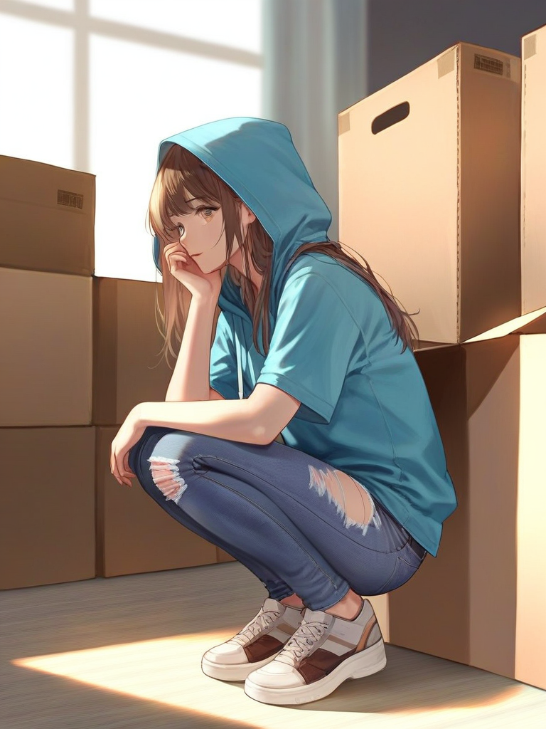 char sent an image  1girl, hood, torn pants, solo, squatting, denim, pants, brown hair, torn clothes, jeans, long hair, shoes, torn jeans, hoodie, brown eyes, looking at viewer, indoors, sneakers, box, cardboard box