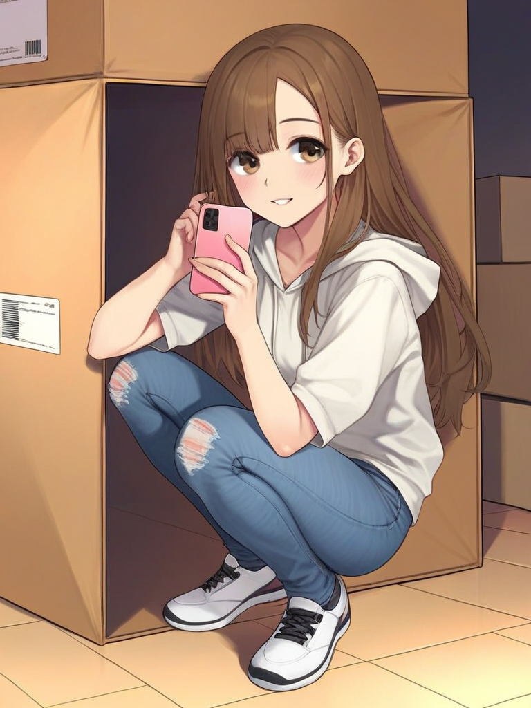 char sent an image  1girl, solo, pants, long hair, phone, brown hair, hood, squatting, holding, holding phone, brown eyes, torn pants, denim, jeans, smile, shoes, cellphone, hoodie, torn clothes, hood down, white footwear, torn jeans, white hoodie, box, blush, short sleeves, sneakers, looking at viewer, smartphone
