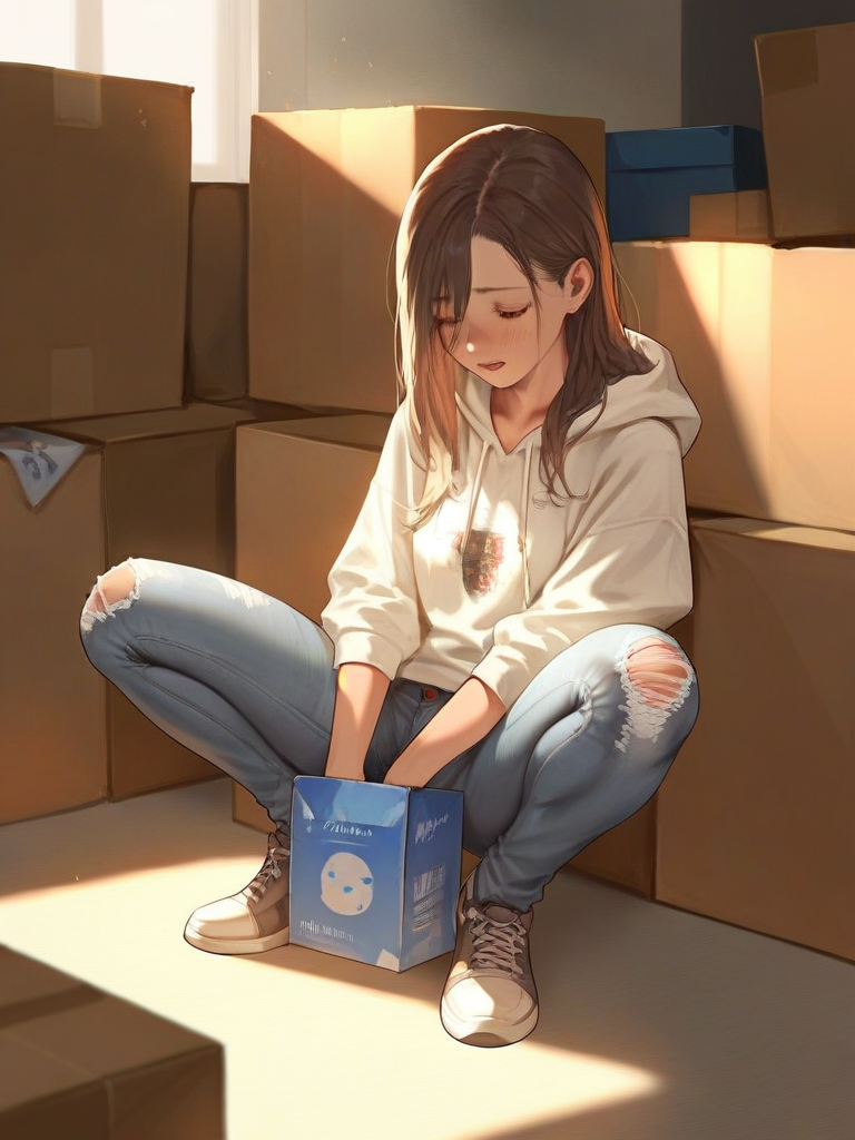 char sent an image  1girl, solo, box, pants, closed eyes, hood, denim, torn pants, brown hair, torn clothes, jeans, long hair, hoodie, shoes, torn jeans, cardboard box, squatting, indoors, white hoodie, hood down, blush, holding, open mouth, sneakers, between legs, full body