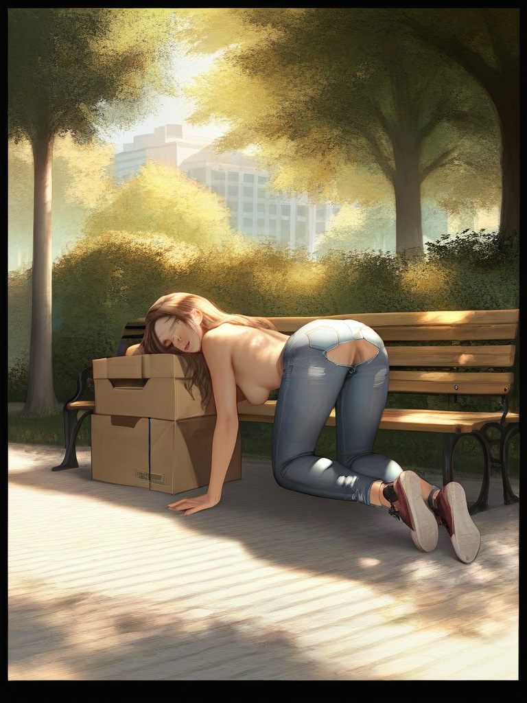 char sent an image  1girl, breasts, solo, topless, outdoors, torn clothes, denim, brown hair, box, jeans, torn pants, park, tree, ass, shoes, pants, bench, long hair, all fours