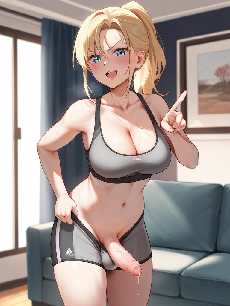 char sent an image  1girl, breasts, sports bra, blonde hair, futanari, grey sports bra, penis, solo, indoors, blue eyes, precum, navel, uncensored, large breasts, ponytail, couch, shorts, looking at viewer, open mouth, index finger raised, cleavage, shorts pull, sweat, blush, smile, collarbone, testicles, erection, window, clothes pull