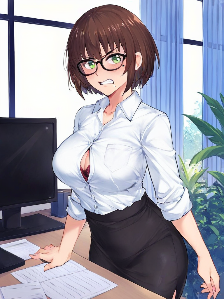char sent an image  1girl, breasts, mole, bra peek, skirt, glasses, pencil skirt, shirt, solo, green eyes, office lady, bra, brown hair, large breasts, underwear, short hair, mole under eye, white shirt, button gap, collared shirt, indoors, clenched teeth, black skirt, shirt tucked in, teeth, looking at viewer, window, plant, blackframed eyewear, desk, red bra, blush, sleeves rolled up, dress shirt, cleavage, mole under mouth, collarbone, standing, curtains, paper, angry, partially unbuttoned, highwaist skirt, monitor