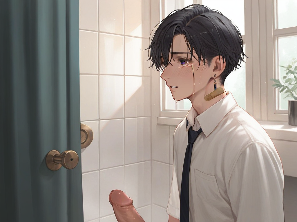 char sent an image  1boy, male focus, necktie, shirt, white shirt, black hair, tears, indoors, penis, black necktie, solo, short hair, earrings, purple eyes, crying, jewelry, bandaid, collared shirt, crying with eyes open, uncensored, erection, blush