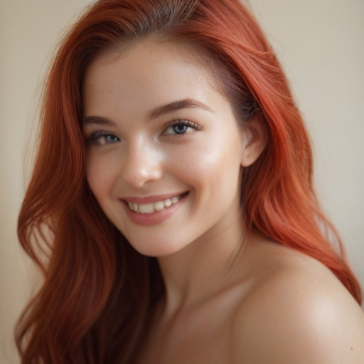 char sent an image  realistic, solo, 1girl, smile, long hair, blue eyes, looking at viewer, portrait, teeth, red hair, photorealistic, simple background, grin, lips, freckles, nose