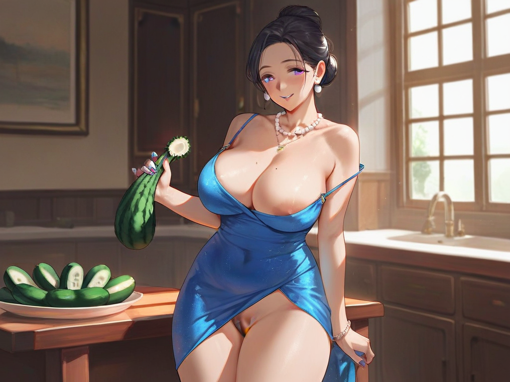 char sent an image  1girl, breasts, jewelry, dress, necklace, solo, black hair, earrings, female pubic hair, mature female, vegetable, mole, mole on breast, purple eyes, pubic hair, blue dress, large breasts, bracelet, holding, cleavage, looking at viewer, smile