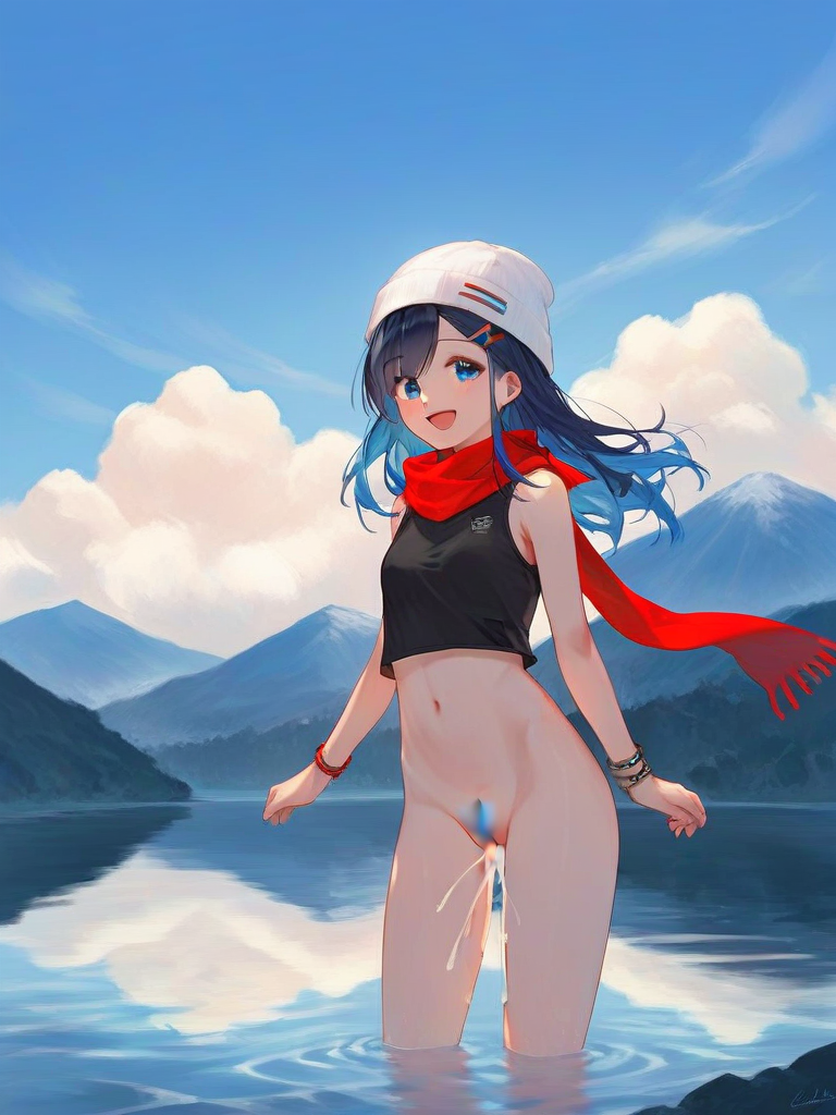 char sent an image  1girl, solo, female pubic hair, outdoors, wading, blue eyes, pubic hair, hat, scarf, bracelet, smile, beanie, navel, bottomless, water, jewelry, red scarf, white headwear, hair ornament, cloud, day, looking at viewer, long hair, open mouth, blue hair, sky, hairclip, crop top, pussy, cum, cum in pussy, breasts, mountain, :d, black shirt, standing, shirt, sleeveless shirt, mountainous horizon, sleeveless, black hair, multicolored hair, cumdrip, bare shoulders, stomach, blue sky