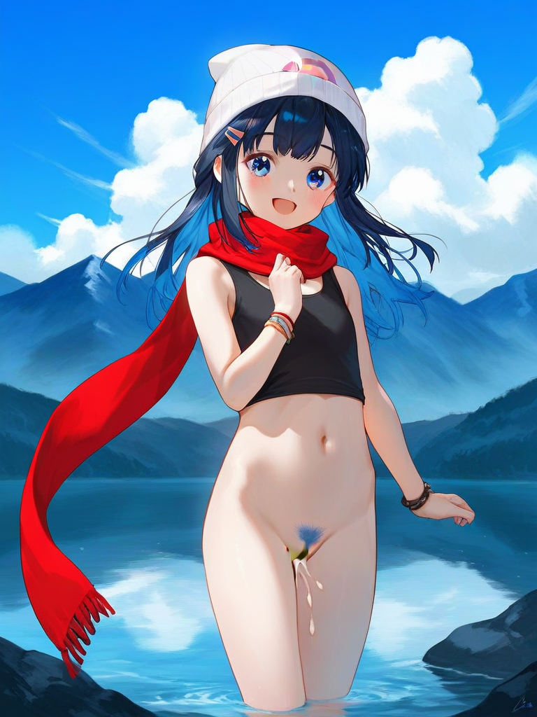 char sent an image  1girl, solo, female pubic hair, hat, pubic hair, scarf, outdoors, blue eyes, red scarf, navel, bracelet, smile, jewelry, hair ornament, wading, blue hair, bottomless, hairclip, white headwear, long hair, open mouth, cloud, cum, looking at viewer, day, sky, water, beanie, :d, cum in pussy, blush, pussy, cumdrip, censored
