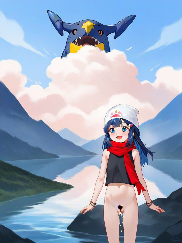 char sent an image  1girl, outdoors, hat, cloud, day, scarf, open mouth, censored, heart censor, pokemon creature, blue eyes, smile, long hair, red scarf, bottomless, cum, sky, white headwear, beanie, hair ornament, cumdrip, loli, bracelet, water, navel, blue hair, cum in pussy, jewelry, heart, hairclip