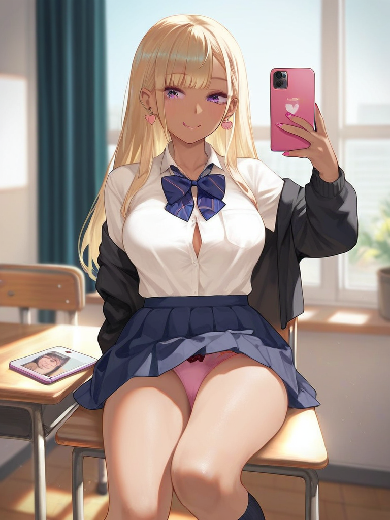 char sent an image  1girl, phone, underwear, cellphone, panties, skirt, breasts, blonde hair, sitting, smartphone, solo, jewelry, long hair, earrings, pink panties, shirt, purple eyes, holding, indoors, holding phone, bow, button gap, desk, tongue out, large breasts, tongue, chair, pleated skirt, white shirt, school uniform, smile, socks, looking at viewer, blue skirt, heart, window, dark skin, jacket, thighs, collared shirt, bowtie, shirt tucked in, gyaru