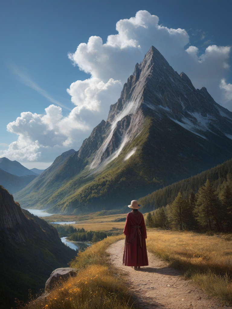 char sent an image  outdoors, cloud, mountain, sky, scenery, hat, solo, day