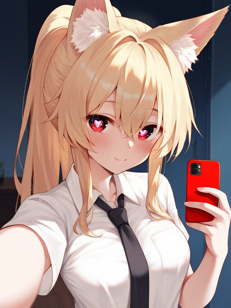 char sent an image  1girl, animal ears, blonde hair, heartshaped pupils, solo, necktie, symbolshaped pupils, heart, red eyes, phone, shirt, selfie, smile, animal ear fluff, holding, breasts, ponytail, white shirt, fox ears, looking at viewer, holding phone, long hair, cellphone, black necktie, upper body, collared shirt, short sleeves, blush