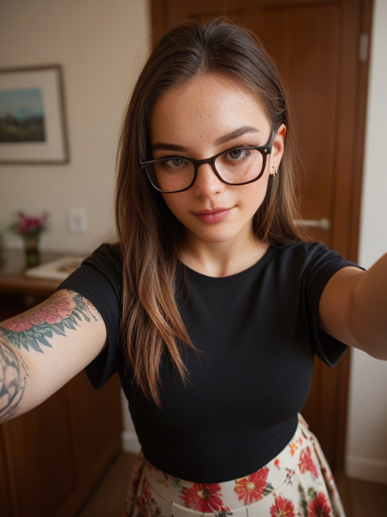 char sent an image  1girl, freckles, solo, glasses, looking at viewer, shirt, long hair, tattoo, brown hair, realistic, black shirt, skirt, earrings, jewelry, indoors