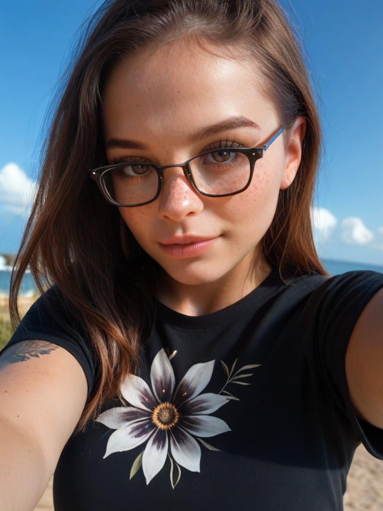 char sent an image  1girl, solo, freckles, brown hair, brown eyes, glasses, realistic, looking at viewer, shirt