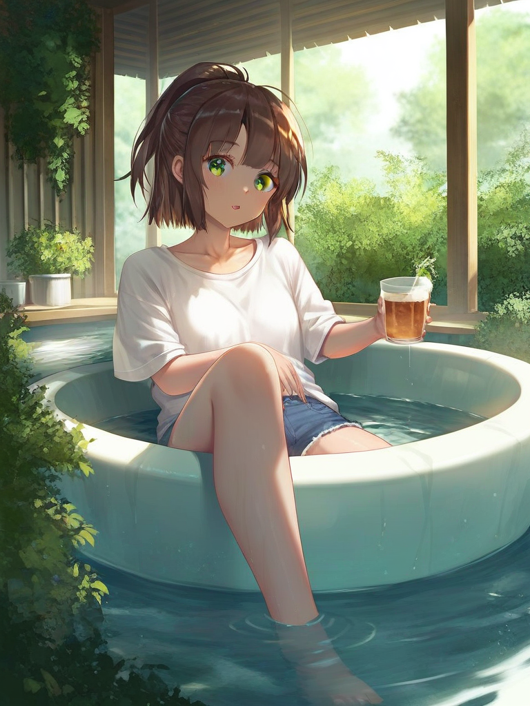 char sent an image  1girl, solo, green eyes, shorts, shirt, cup, brown hair, water, white shirt, looking at viewer, holding, plant, wading pool, denim, barefoot, denim shorts, holding cup, collarbone, ponytail, short sleeves, day, drinking straw