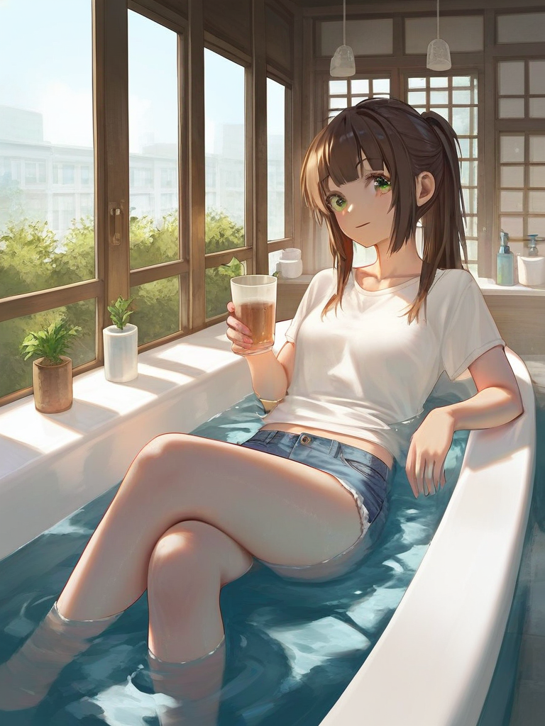 char sent an image  1girl, solo, shorts, shirt, green eyes, denim, crossed legs, white shirt, cup, denim shorts, ponytail, looking at viewer, window, brown hair, indoors, short shorts, holding, bathtub, short sleeves, long hair, holding cup, water, plant, collarbone, breasts, sidelocks, thighs, drinking glass, midriff peek, potted plant, smile, closed mouth, feet out of frame, blue shorts, bare legs, cutoffs, day, partially submerged, midriff, sitting, navel, small breasts