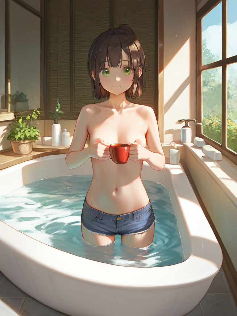 char sent an image  1girl, solo, cup, nipples, navel, bathtub, breasts, smile, green eyes, shorts, holding, indoors, looking at viewer, topless, holding cup, water, short shorts, window, denim, brown hair, denim shorts, collarbone, plant, small breasts, short hair, closed mouth, bathing, day, bath, partially submerged, ponytail, mug, standing, potted plant, stomach, sunlight