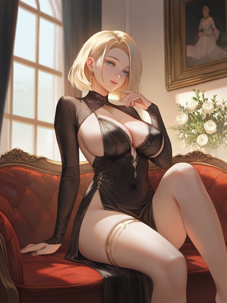 char sent an image  breasts, 1girl, blonde hair, sitting, dress, large breasts, solo, jewelry, looking at viewer, earrings, black dress, indoors, short hair, window, thighlet, flower, blue eyes, couch, thighs, cleavage, white flower, covered navel, long sleeves, smile