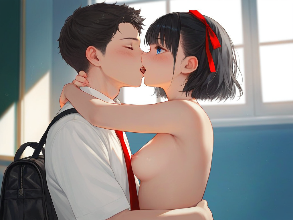 char sent an image  1girl, breasts, 1boy, kiss, nipples, french kiss, blue eyes, nude, black hair, hetero, bag, short hair, necktie, blush, closed eyes, indoors, ribbon, hug, hair ribbon, shirt, clothed male nude female, white shirt, arms around neck, red necktie, upper body, tongue, school uniform, small breasts, red ribbon, completely nude, school bag, short sleeves, window, backpack