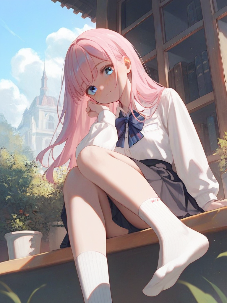 char sent an image  1girl, socks, pink hair, solo, blue eyes, skirt, shirt, white shirt, white socks, long hair, sitting, bow, looking at viewer, feet, no shoes, long sleeves, ribbed socks, plant, collared shirt, foot out of frame, pleated skirt, blue bow, bowtie, potted plant, closed mouth, black skirt, soles, cloud, school uniform, sky, blue bowtie, legs, smile, toes, outdoors, bookshelf, shirt tucked in, day, blush, building, book, blue sky