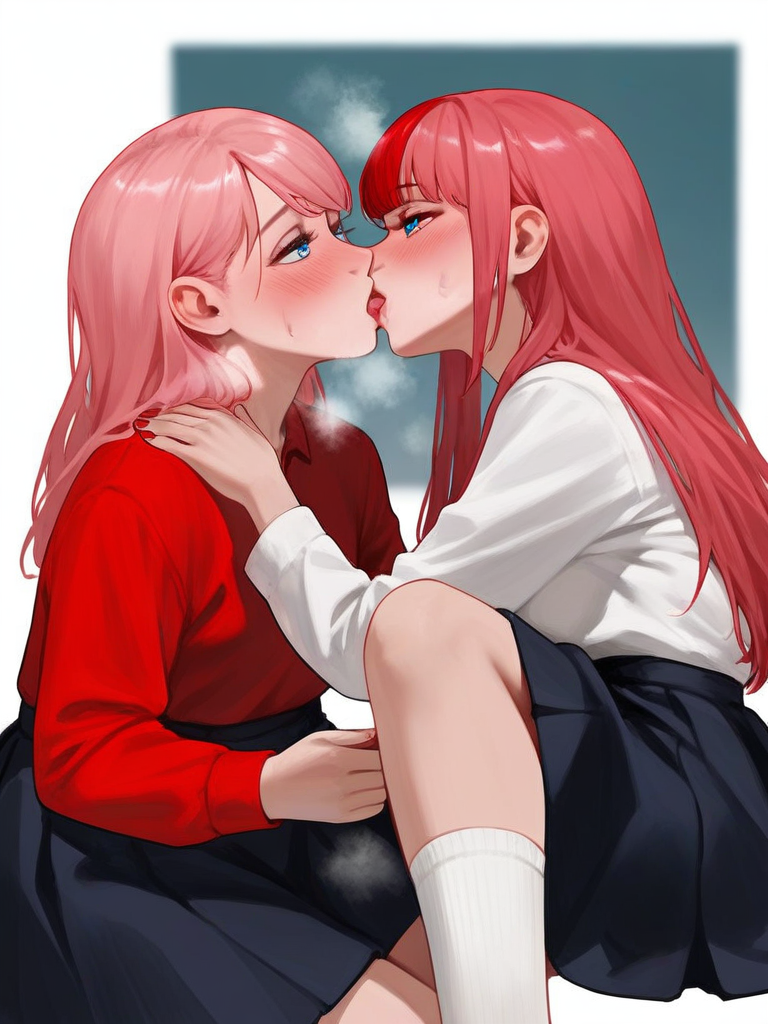 char sent an image  multiple girls, 2girls, yuri, kiss, skirt, french kiss, blue eyes, long hair, red hair, pink hair, blush, shirt, black skirt, socks, multicolored hair, tongue, looking at another, long sleeves, white socks, red nails, streaked hair, tongue out, pleated skirt, nail polish, sitting, red shirt, eye contact, school uniform, sweat, shirt tucked in, saliva, white shirt, collared shirt, hand on another's shoulder