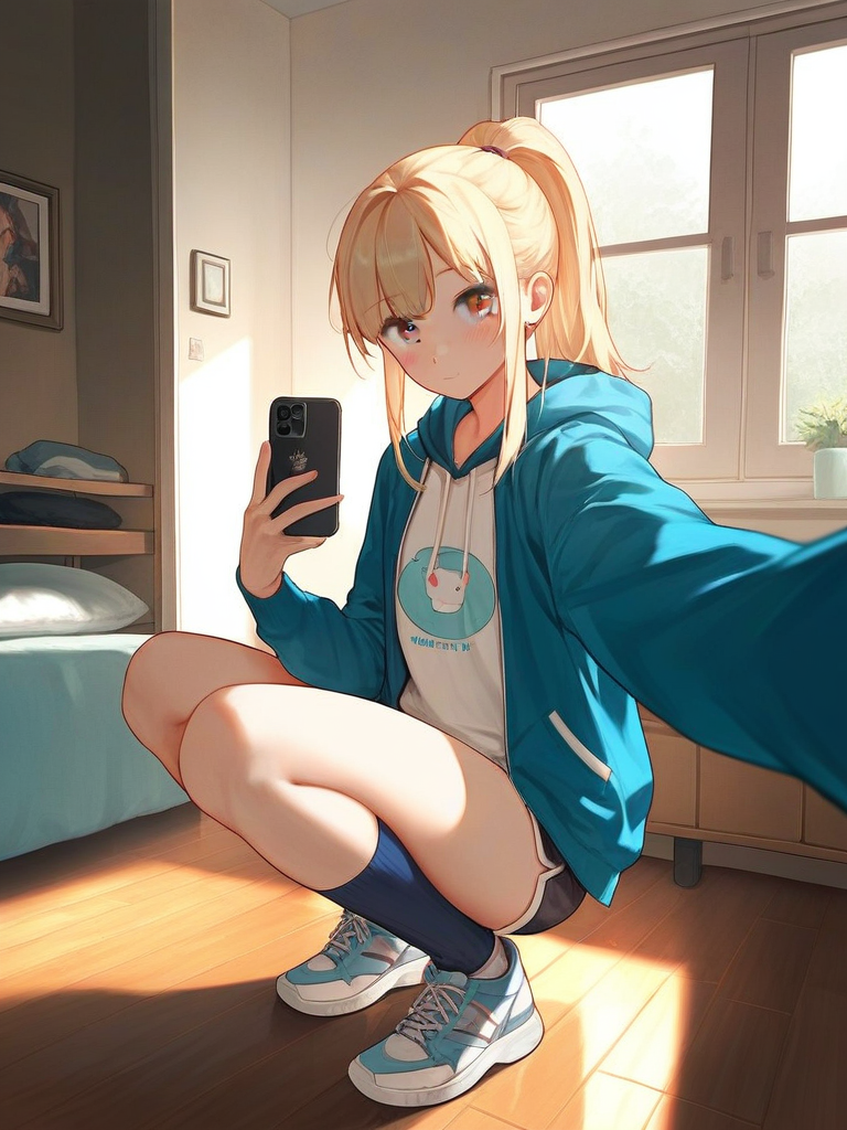 char sent an image 1girl, selfie, solo, blonde hair, shorts, phone, shoes, squatting, hood, socks, holding, ponytail, indoors, sneakers, looking at viewer, hoodie, jacket, cellphone, black shorts, holding phone, blush, drawstring, smile, open clothes, smartphone, sidelocks, bedroom, wooden floor, hood down, blue socks, short shorts, bed, closed mouth, open jacket, long hair, window, blue jacket, thighs, long sleeves, taking picture, blue hoodie, red eyes, kneehighs, dolphin shorts