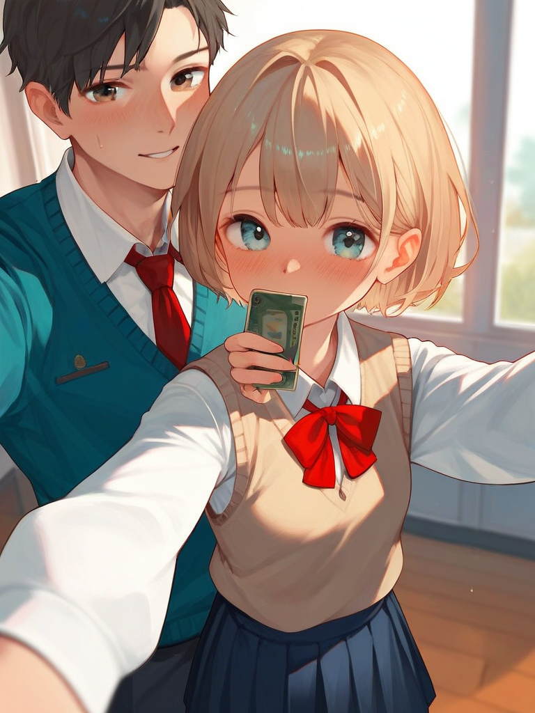 char sent an image  1girl, 1boy, blush, necktie, shirt, skirt, short hair, selfie, school uniform, red necktie, sweater vest, white shirt, looking at viewer, holding, red bowtie, bow, red bow, long sleeves, collared shirt, bowtie, pleated skirt, black hair, indoors, blonde hair, brown eyes, phone, blue eyes
