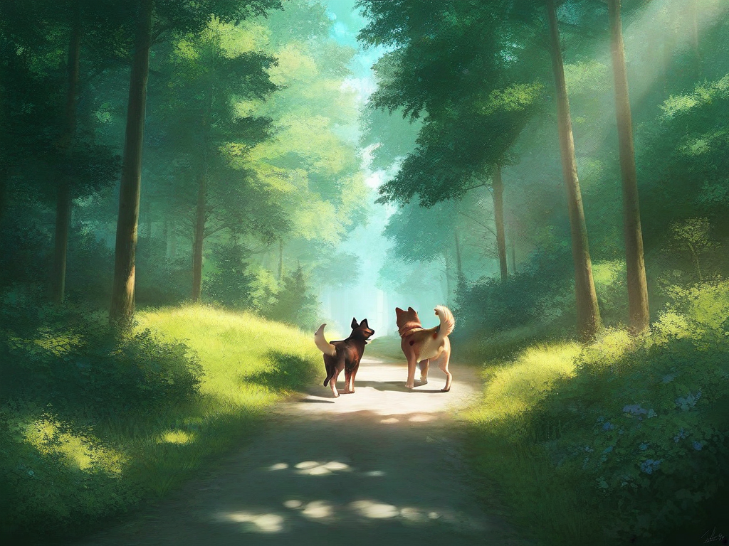 char sent an image  no humans, dog, outdoors, tree, nature, sunlight, forest, bush, day, scenery