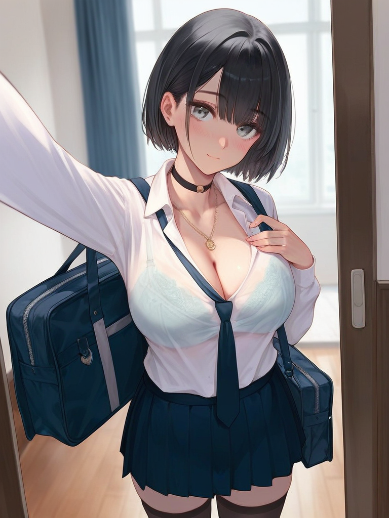 char sent an image 1girl, breasts, solo, skirt, thighhighs, choker, cleavage, shirt, black hair, bag, large breasts, necktie, short hair, looking at viewer, bra, underwear, white shirt, jewelry, pleated skirt, blush, necklace, school uniform, black choker, closed mouth, seethrough, collared shirt, smile, black thighhighs, school bag, indoors, grey eyes, bra visible through clothes, long sleeves, blue skirt, selfie, collarbone, standing, arm up, zettai ryouiki