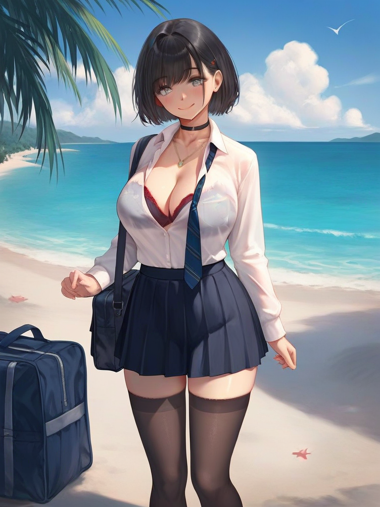 char sent an image 1girl, breasts, outdoors, skirt, solo, thighhighs, beach, smile, large breasts, choker, shirt, cleavage, bag, black hair, bra, necktie, underwear, white shirt, school bag, short hair, necklace, looking at viewer, pleated skirt, school uniform, jewelry, ocean, day, black choker, hair ornament, collared shirt, long sleeves, grey eyes, bra visible through clothes, sky, shirt tucked in, closed mouth, black thighhighs, zettai ryouiki