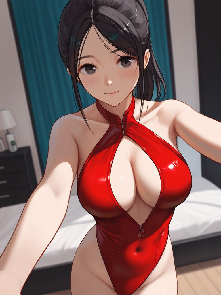 char sent an image  1girl, breasts, solo, onepiece swimsuit, swimsuit, red onepiece swimsuit, looking at viewer, highleg, black hair, large breasts, indoors, ponytail, zipper, cleavage, black eyes, bedroom, blush, highleg swimsuit, closed mouth, bed, covered navel, smile, curtains, bare shoulders, lamp, zipper pull tab, parted bangs, red leotard, collarbone, cowboy shot, long hair, cleavage cutout, standing, front zipper swimsuit, clothing cutout, leotard, meme attire