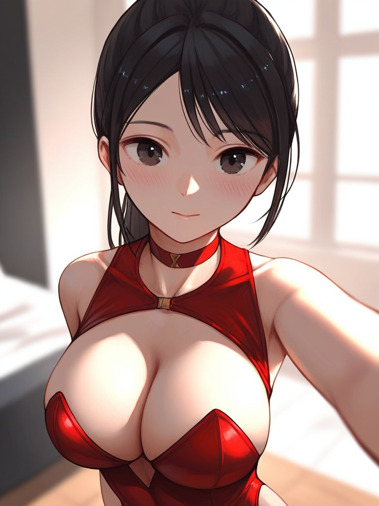 char sent an image  1girl, breasts, solo, red leotard, large breasts, cleavage, looking at viewer, leotard, choker, black hair, red choker, ponytail, bare shoulders, upper body, blush, closed mouth, blurry, black eyes, selfie, indoors, long hair, blurry background
