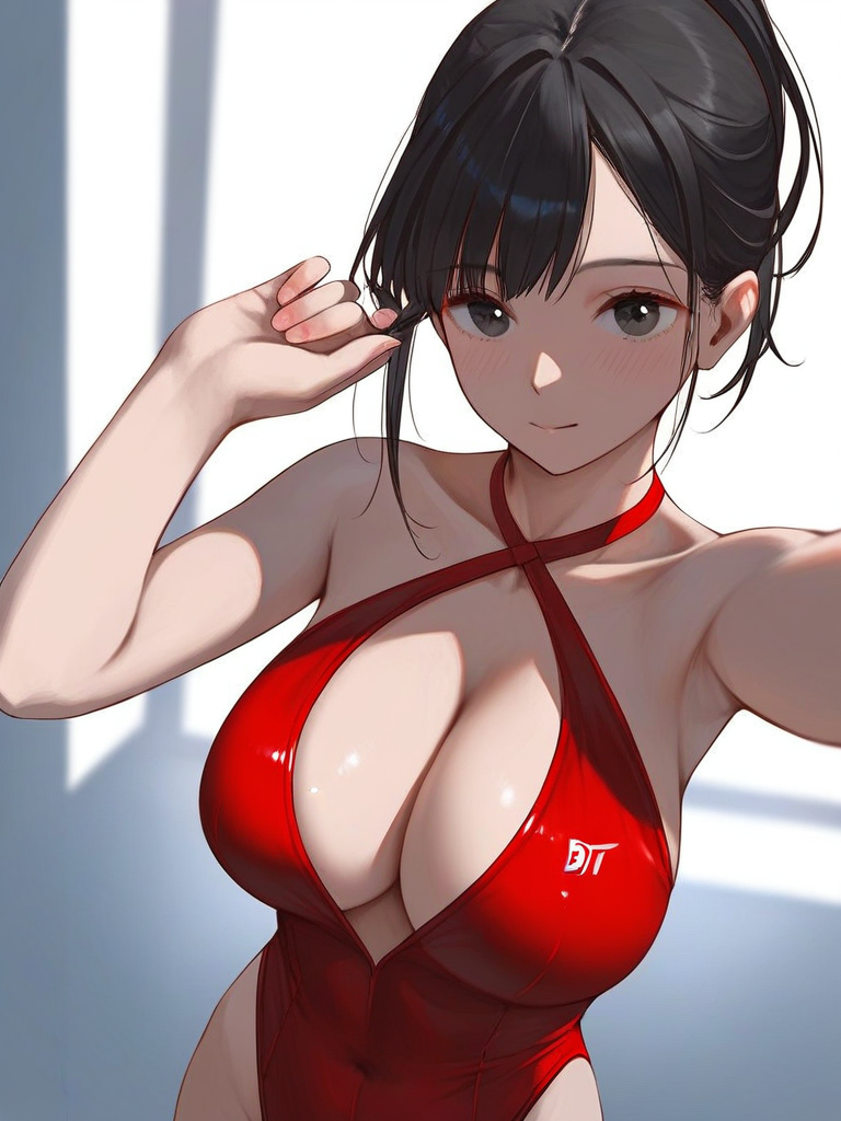 char sent an image  1girl, breasts, solo, large breasts, black hair, onepiece swimsuit, cleavage, swimsuit, looking at viewer, red onepiece swimsuit