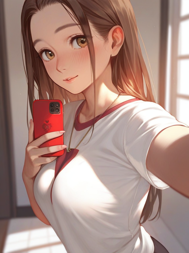 char sent an image 1girl, selfie, phone, solo, brown hair, long hair, breasts, shirt, blush, brown eyes, holding phone, cellphone, holding, white shirt, necklace, jewelry, short sleeves, parted lips, looking at viewer, smile, upper body, indoors, smartphone, lips, fingernails, large breasts, medium breasts, forehead