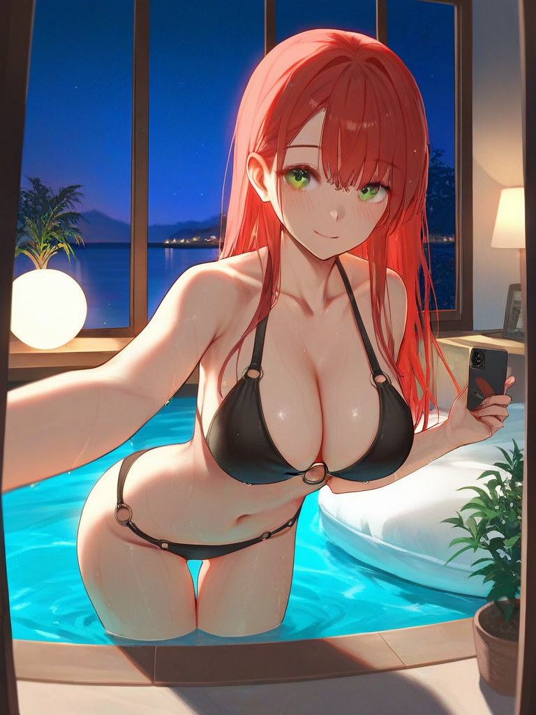 char sent an image 1girl, breasts, swimsuit, phone, bikini, solo, long hair, oring bikini, black bikini, large breasts, green eyes, selfie, cleavage, oring, smile, cellphone, red hair, navel, holding, smartphone, wet, looking at viewer, collarbone, thigh gap, night, stomach, holding phone, bare shoulders, water, indoors, wading, halterneck, leaning forward, plant, thighs, string bikini, closed mouth