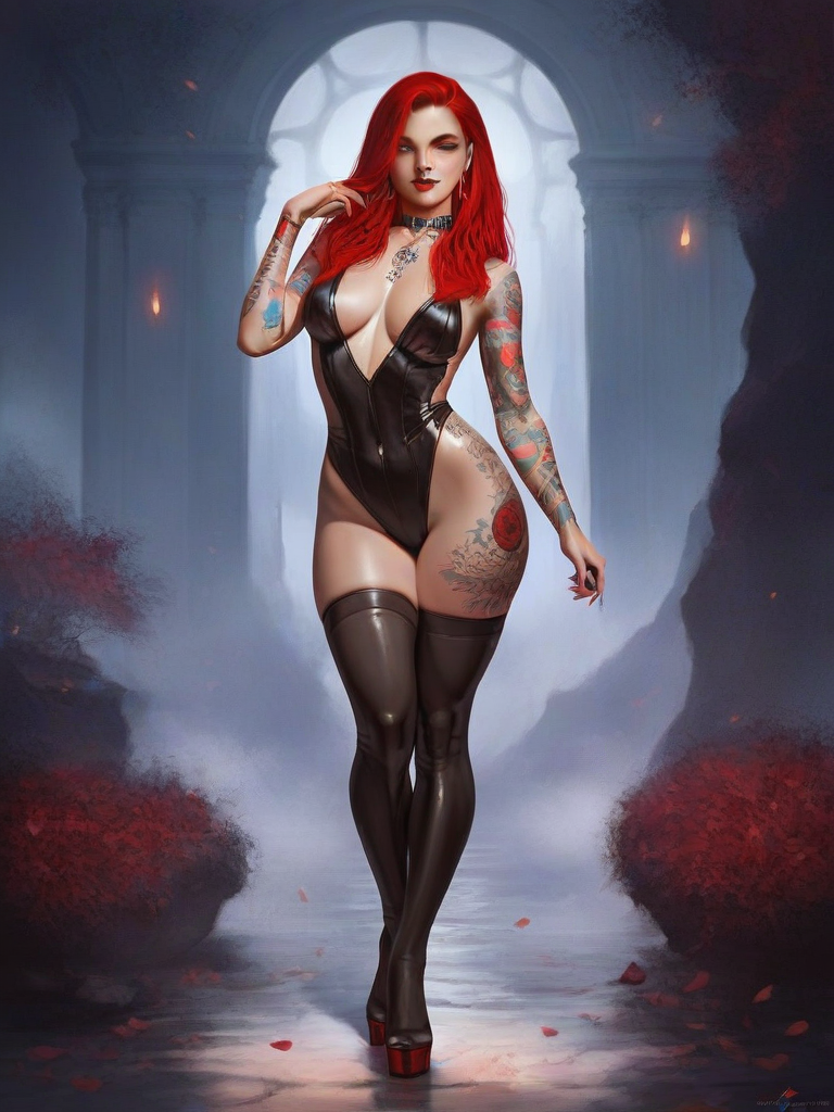 char sent an image 1girl, tattoo, breasts, leotard, solo, thighhighs, red hair, jewelry