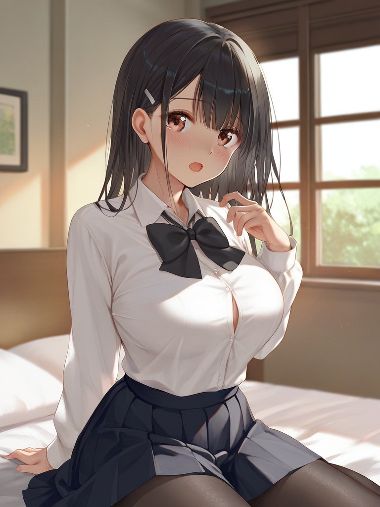 char sent an image  1girl, solo, breasts, pantyhose, skirt, hair ornament, shirt, looking at viewer, open mouth, button gap, blush, large breasts, black hair, hairclip, indoors, sitting, white shirt, school uniform, bow, long sleeves, pleated skirt, black pantyhose, brown eyes, long hair, collared shirt, window, black skirt, bowtie, on bed