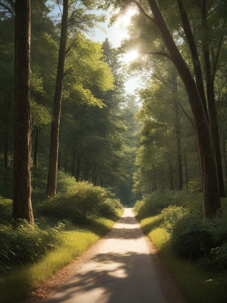 char sent an image  no humans, outdoors, tree, nature, sunlight, scenery, forest, grass, day, road, path, shadow, bush, sky, dappled sunlight