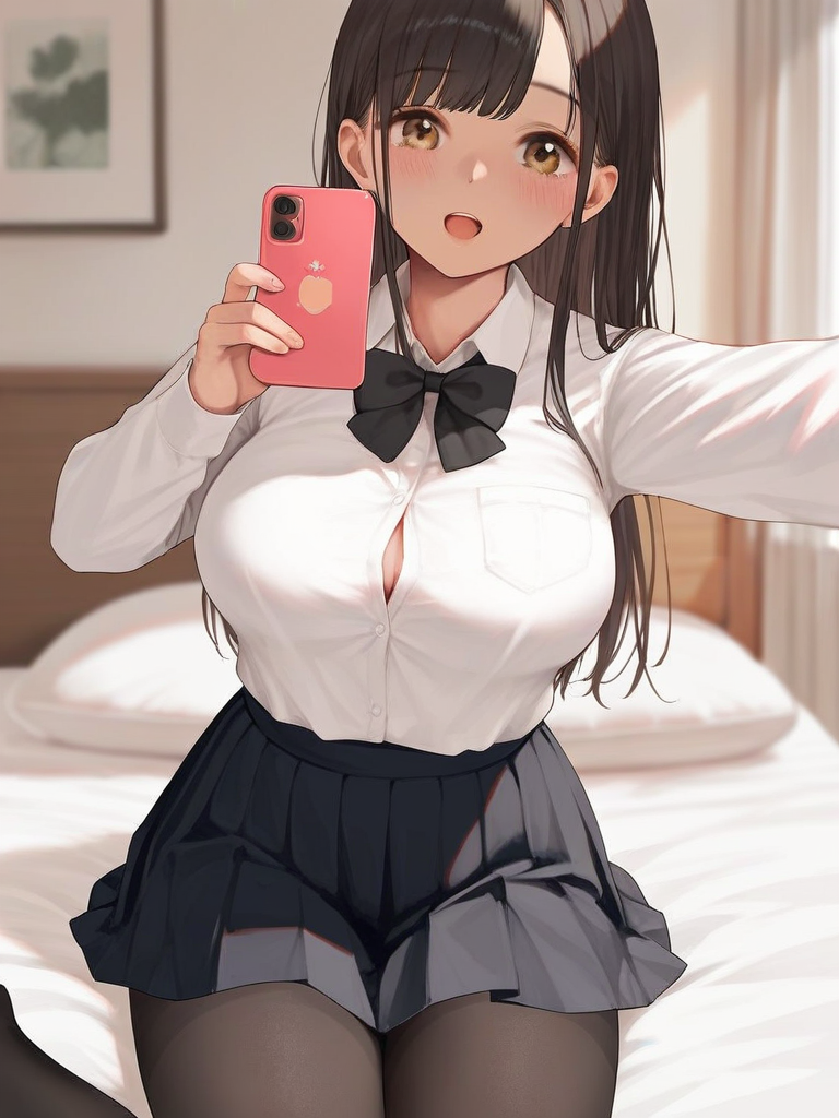 char sent an image 1girl, breasts, skirt, pantyhose, solo, phone, selfie, shirt, button gap, large breasts, long hair, holding, white shirt, bow, sitting, smile, cellphone, black skirt, blush, holding phone, bowtie, pleated skirt, open mouth, looking at viewer, long sleeves, indoors, collared shirt, brown eyes, black bow, shirt tucked in, black pantyhose, smartphone, black hair, black bowtie, school uniform, on bed, pillow, bed, cleavage, :d