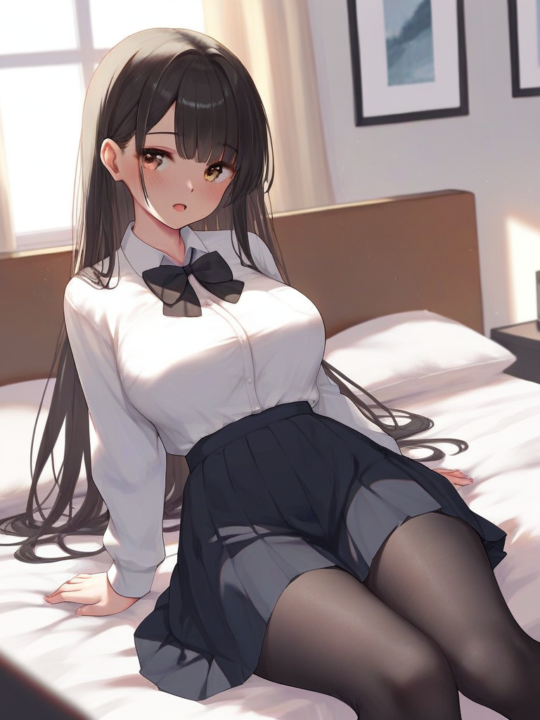 char sent an image 1girl, pantyhose, solo, long hair, skirt, breasts, shirt, sitting, bow, indoors, large breasts, white shirt, on bed, looking at viewer, open mouth, black pantyhose, long sleeves, blush, brown eyes, bowtie, black hair, pleated skirt, collared shirt, school uniform, black bow, bed, pillow, shirt tucked in, black skirt, window