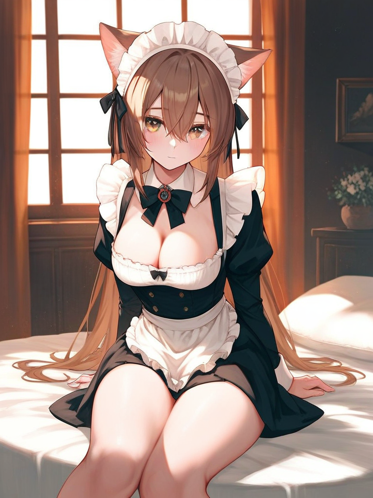 char sent an image  1girl, breasts, solo, animal ears, brown hair, maid headdress, cleavage, sitting, long hair, long sleeves, maid, looking at viewer, indoors, apron, cat ears, dress, window, thighs, brown eyes, closed mouth, bow, juliet sleeves, puffy sleeves, bowtie, hair between eyes, black dress, on bed, large breasts, crossed bangs, frills, animal ear fluff, black bow, curtains, blush, black bowtie, white apron, very long hair, maid apron, waist apron, pillow, detached collar, brooch, bed