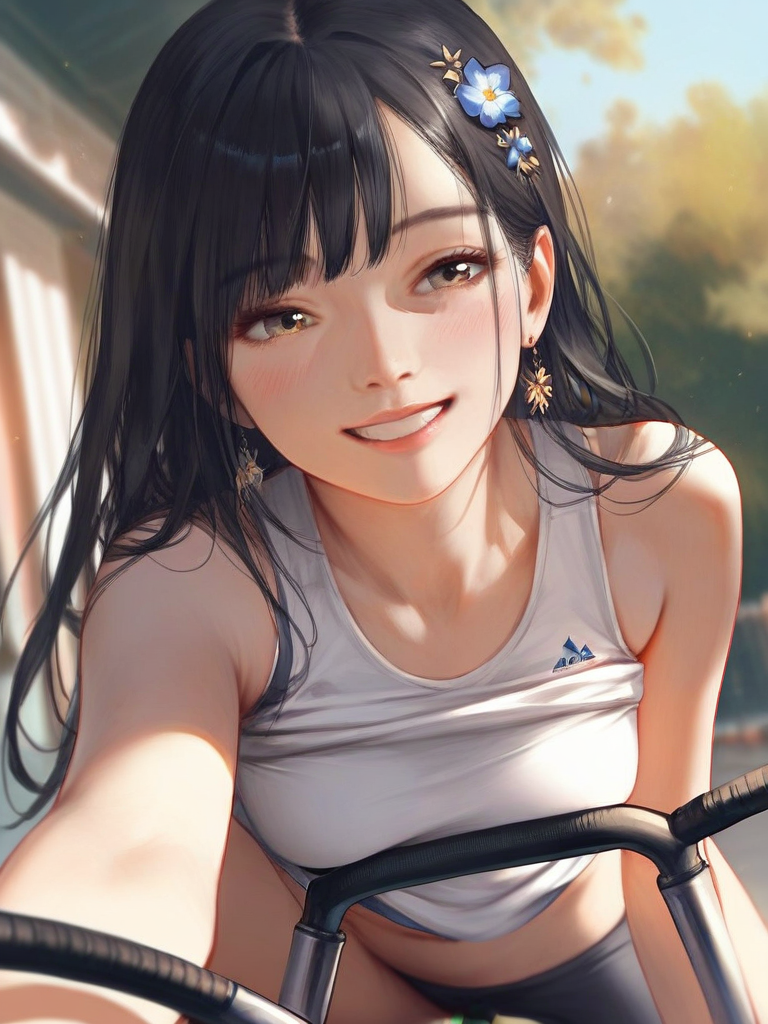 char sent an image 1girl, hair ornament, smile, solo, hair flower, flower, black hair, long hair, jewelry, earrings, bicycle, breasts