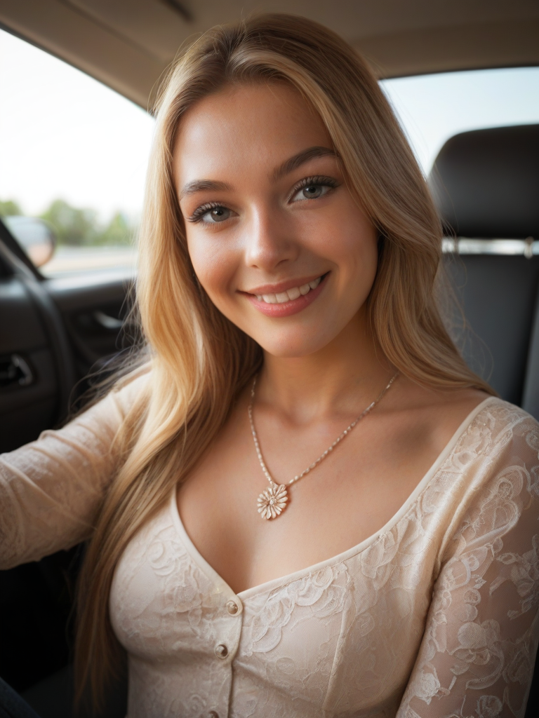 char sent an image  1girl, realistic, jewelry, solo, necklace, long hair, smile, car interior, looking at viewer, blonde hair, breasts, motor vehicle, photorealistic, upper body, car, shirt, teeth, grin