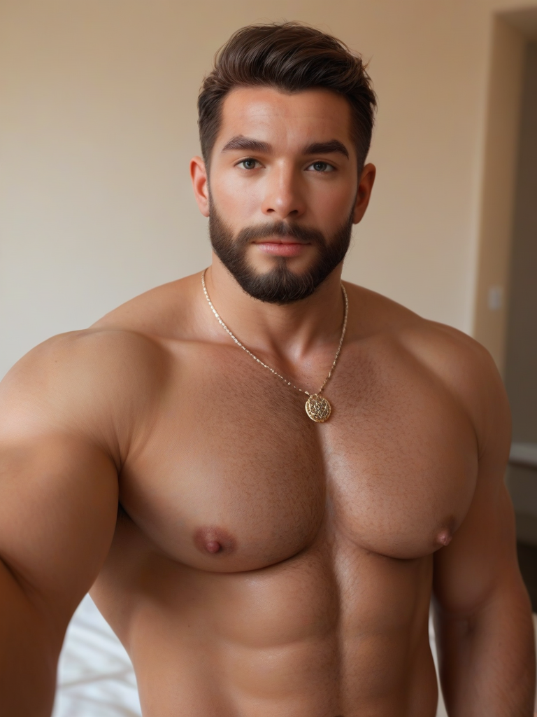 char sent an image  muscular, 1boy, male focus, bara, muscular male, solo, pectorals, large pectorals, nipples, short hair, facial hair, jewelry, abs, chest hair, necklace, beard, navel, black hair, looking at viewer, realistic, upper body, closed mouth, nude