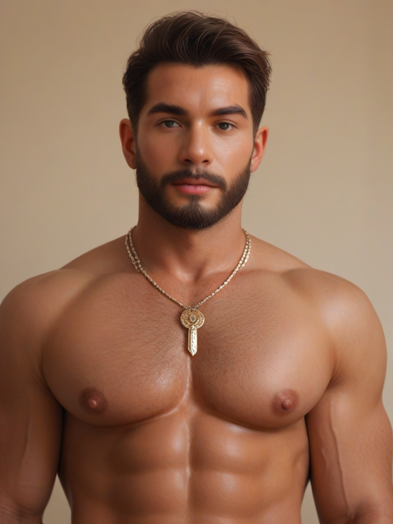 char sent an image  solo, muscular, 1boy, male focus, muscular male, bara, pectorals, facial hair, nipples, large pectorals, jewelry, short hair, abs, realistic, chest hair, beard, necklace, upper body, black hair