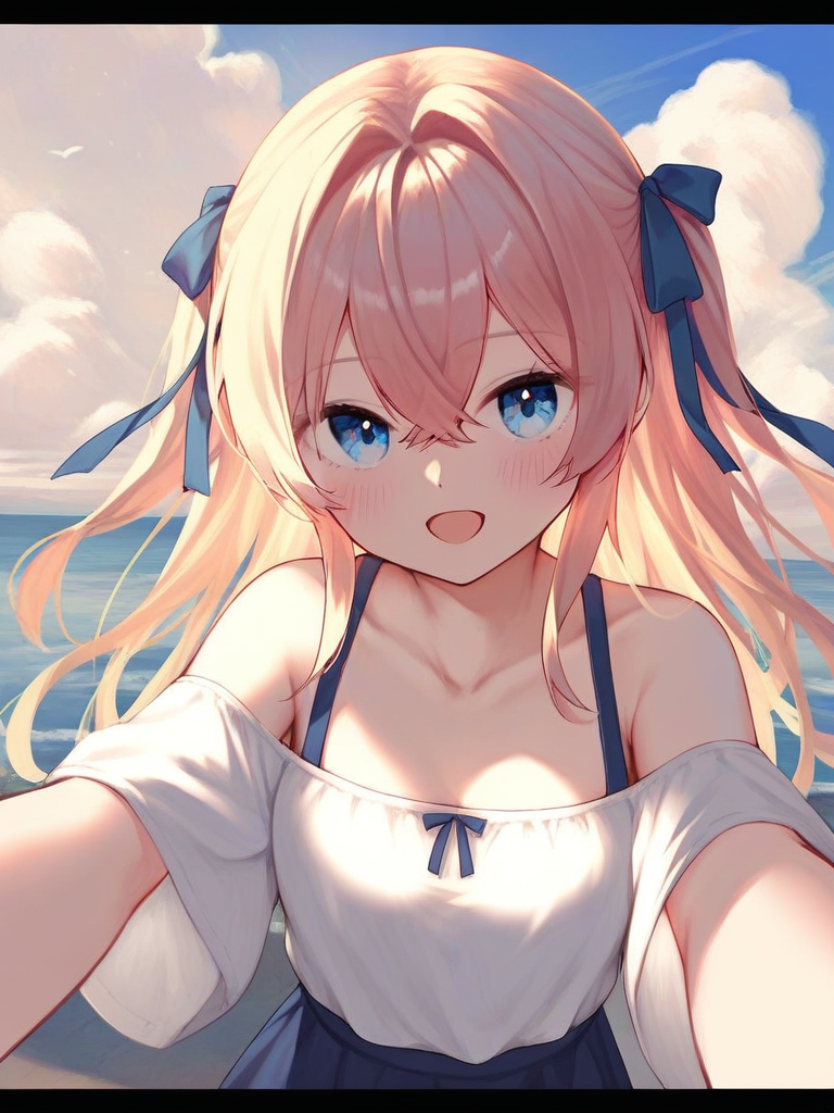 char sent an image 1girl, solo, blue eyes, looking at viewer, smile, shirt, long hair, white shirt, blonde hair, outdoors, skirt, blush, cloud, blue skirt, offshoulder shirt, open mouth, off shoulder, collarbone, sky, ocean, bare shoulders, ribbon, hair between eyes, crossed bangs, breasts, hair ribbon, two side up, short sleeves, letterboxed, :d, day