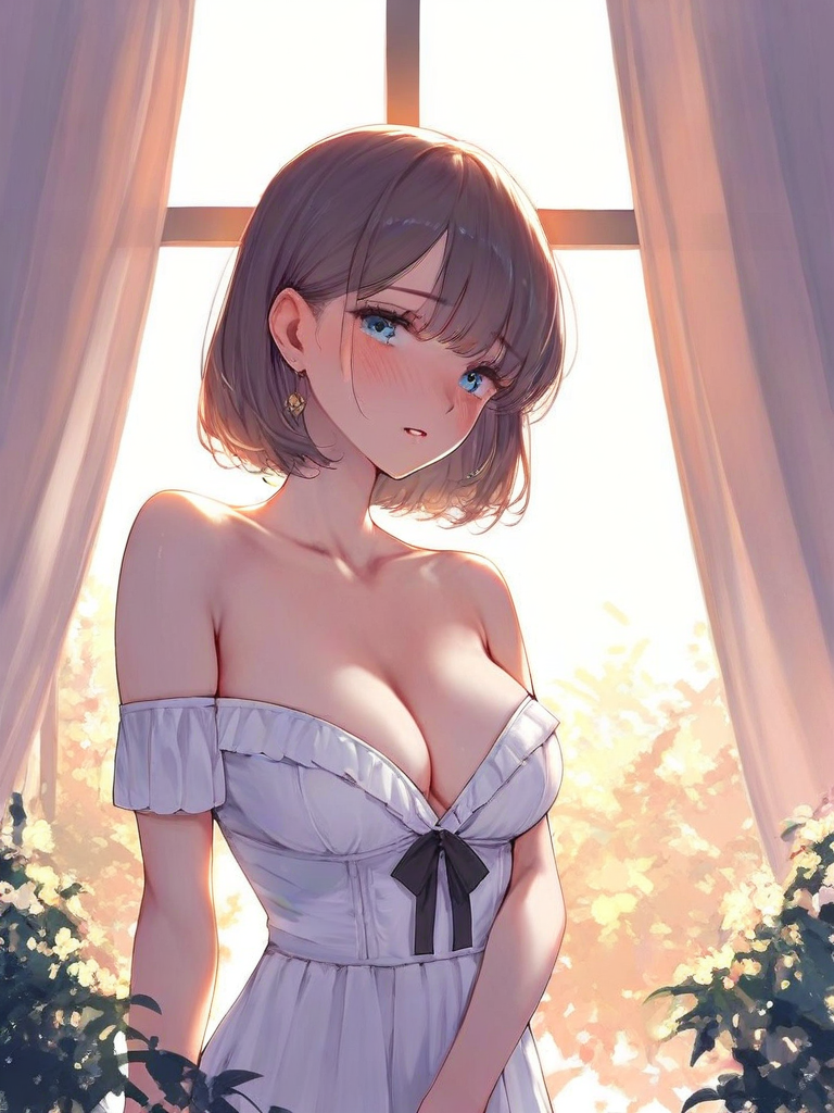 char sent an image 1girl, breasts, solo, dress, cleavage, blue eyes, blush, jewelry, looking at viewer, earrings, white dress, curtains, bare shoulders, short hair, collarbone, offshoulder dress, window, brown hair, backlighting, parted lips, off shoulder, large breasts, indoors