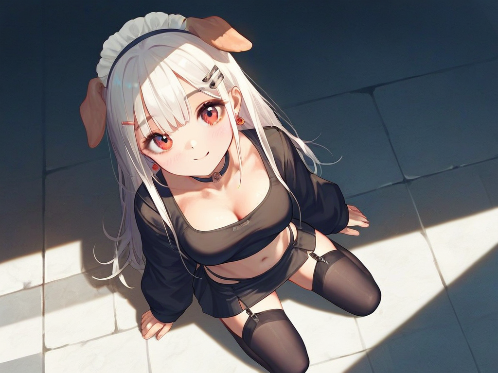 char sent an image  1girl, breasts, solo, thighhighs, animal ears, skirt, cleavage, long hair, looking at viewer, crop top, garter straps, miniskirt, red eyes, hair ornament, navel, smile, long sleeves, hairclip, midriff, shirt, earrings, white hair, black thighhighs, black skirt, from above, jewelry, collarbone, dog ears, choker, black shirt, sitting, maid headdress, stomach, large breasts, closed mouth, black choker, medium breasts, zettai ryouiki, highleg, extra ears, thighs, looking up, brown thighhighs